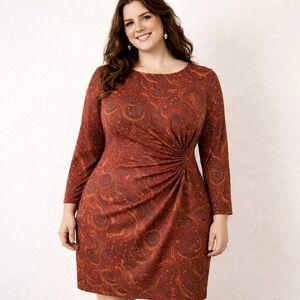 David Warren Paisley Sheath Dress Size 14 Classic Preppy Career Midi Back Slit